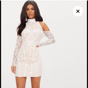 White Cold Shoulder Lace Panelled Bodycon Dress